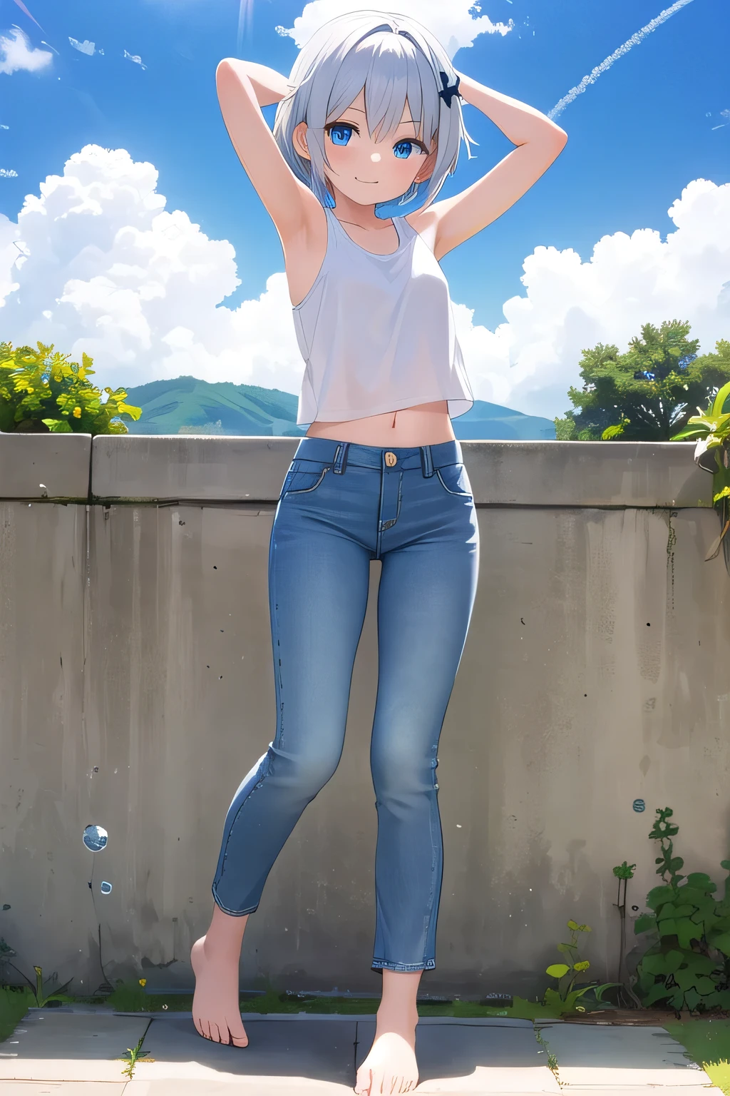 Create a photorealistic horizontal image of the character Joy from Inside Out, standing on a white background with a floor reflection. Joy should be wearing a white t-shirt and blue shorts. She should be looking very happy with her arms raised, showing excitement and joy. The image should be highly detailed and realistic, with natural lighting and shadows. The character should clearly resemble Joy from the movie Inside Out. Best quality, best definition face. 4k resolution.