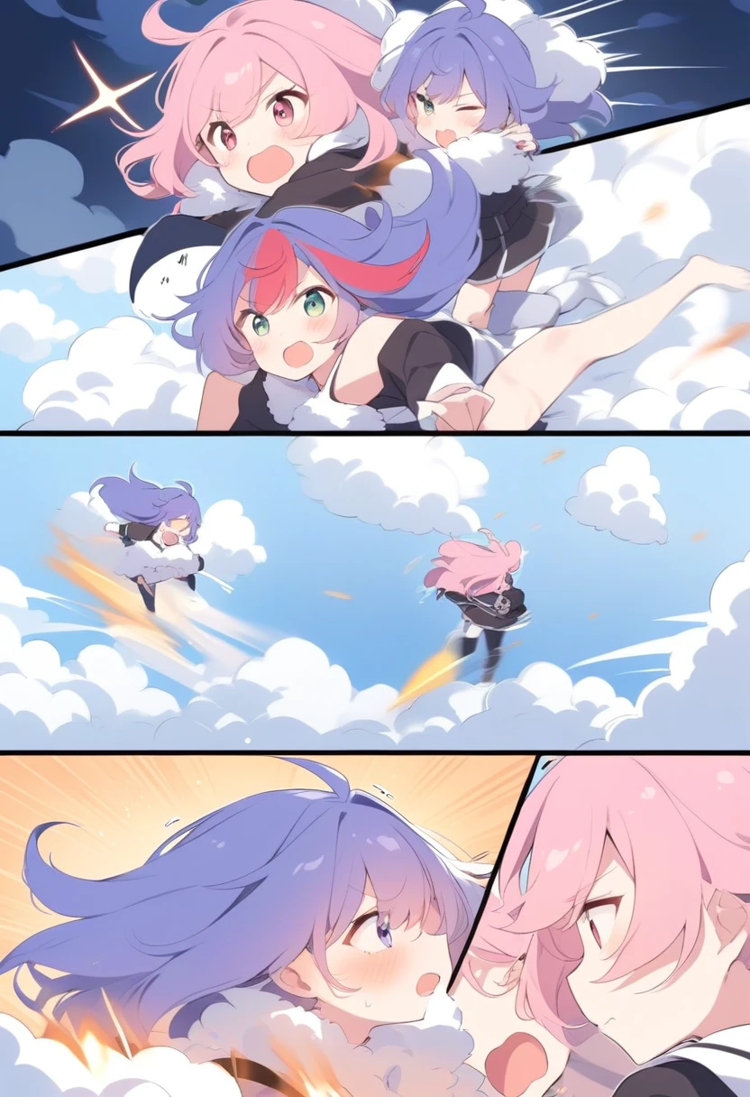 An anime-style comic depicting girls playfully wrestling with each other inside a  comical fight cloud(thunder cloud).
each girl has different  colored hair.
their faces,hands,and feet are visible emerging from the cloud as they tussle humorously,  with the rest of their bodies completely hidden inside the cloud.
the comic emphasizes the humorous and energetic nature of their scuffle,with a fluffy  and exaggerated fight cloud.