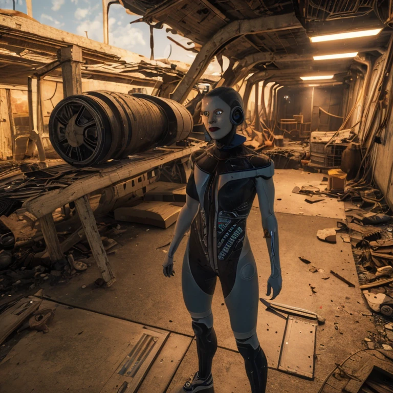 An innocent and beautiful young woman (Edi), blue eyes, tinted visor, android, black lips, smile,
standing,
sci-fi, indoors, armed, highly detailed face, highly detailed skin, seductive expression, perfect body (perfect proportions), a nuclear wasteland background with scattered ruins, high quality (masterpiece), (photorealistic), intricately detailed, 8k, HDR, shallow depth of field, wide light, high contrast, backlit, sharp focus, RAW color photo, looking at the camera, vivid colors, Fallout 4 style