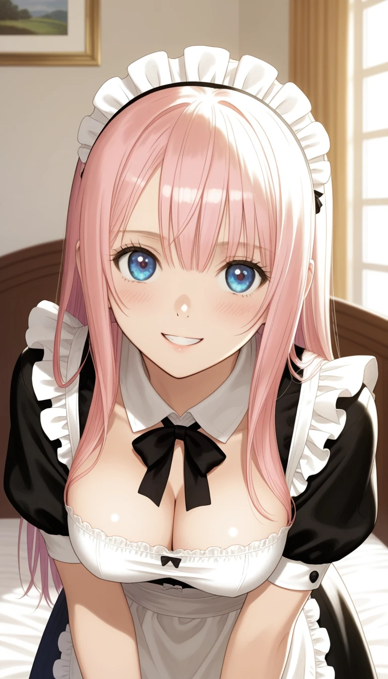 Upscale 2K,((Erotic NSFW)),(Tony Taka Style official art),((masterpiece)),(( draw beautifully and in detail)),Beautiful and mature woman,Megurine Luka,Long Pink Hair,Blue Eyes, maid clothes,(( embarrassing expression )),smile,Leaning Forward,Close-up of face,front, bedroom,