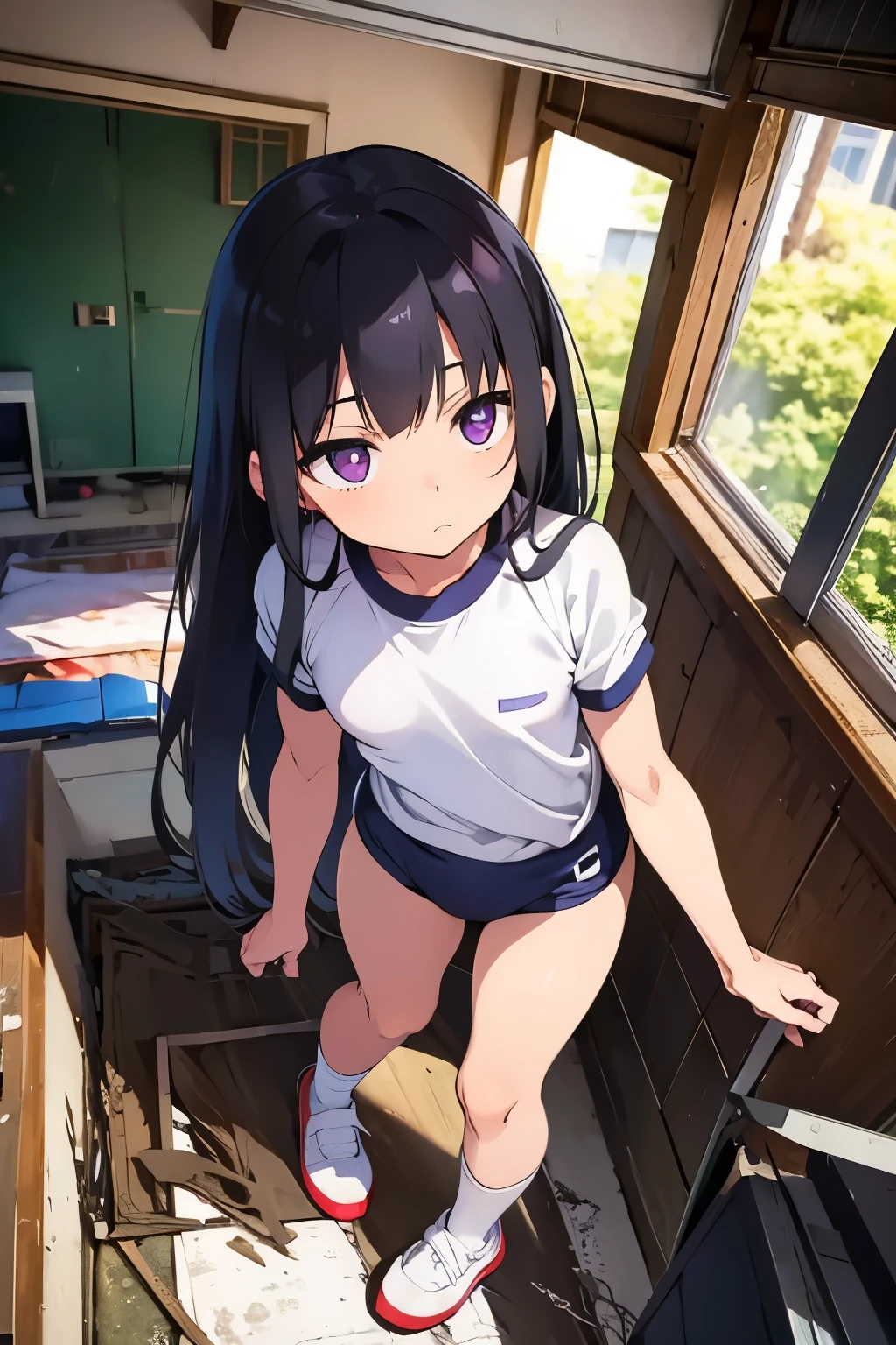 Elementary school student, , toddler, flat chest 　Thin limbs　Black hair, long hair, purple eyes　（（One person）） Upper body gym suit　Navy blue bloomers　White socks　Platform sneakers　Abandoned house　 standing 　 Lower body center 　Upper body close-up　 dynamic angle that kept getting violated　 low angle