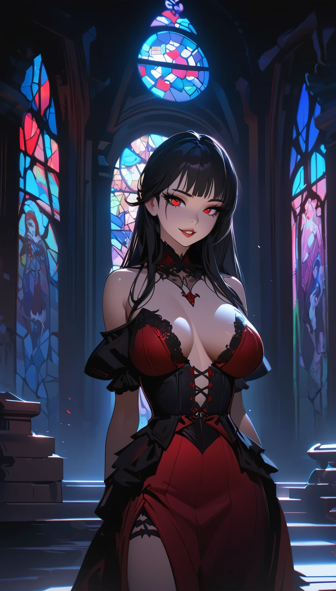 beautiful young vampire girl ,  Cute Vampire , 1girl, ((Detailed face、Beautiful red eyes、Moist lips、 long eyelashes )),  black hair long straight,  staring at viewers with a smile ,  mouth, Show your fangs,  big breasts at the temple,  slender body,  gothic ta style dress, Black and red color scheme, Dilapidated Western-style building,  Stained Glass, Colorful light, Dark Night Light ,  dark fantasy,  Dramatic Lighting ,  Moody Atmosphere ,  cinematic composition,  chiaroscuro ,  digital painting,  concept art style ,  Soft Focus :1.2, ( high quality, 8k,  very detailed, Beautiful CG illustrations), masterpiece:1.2.