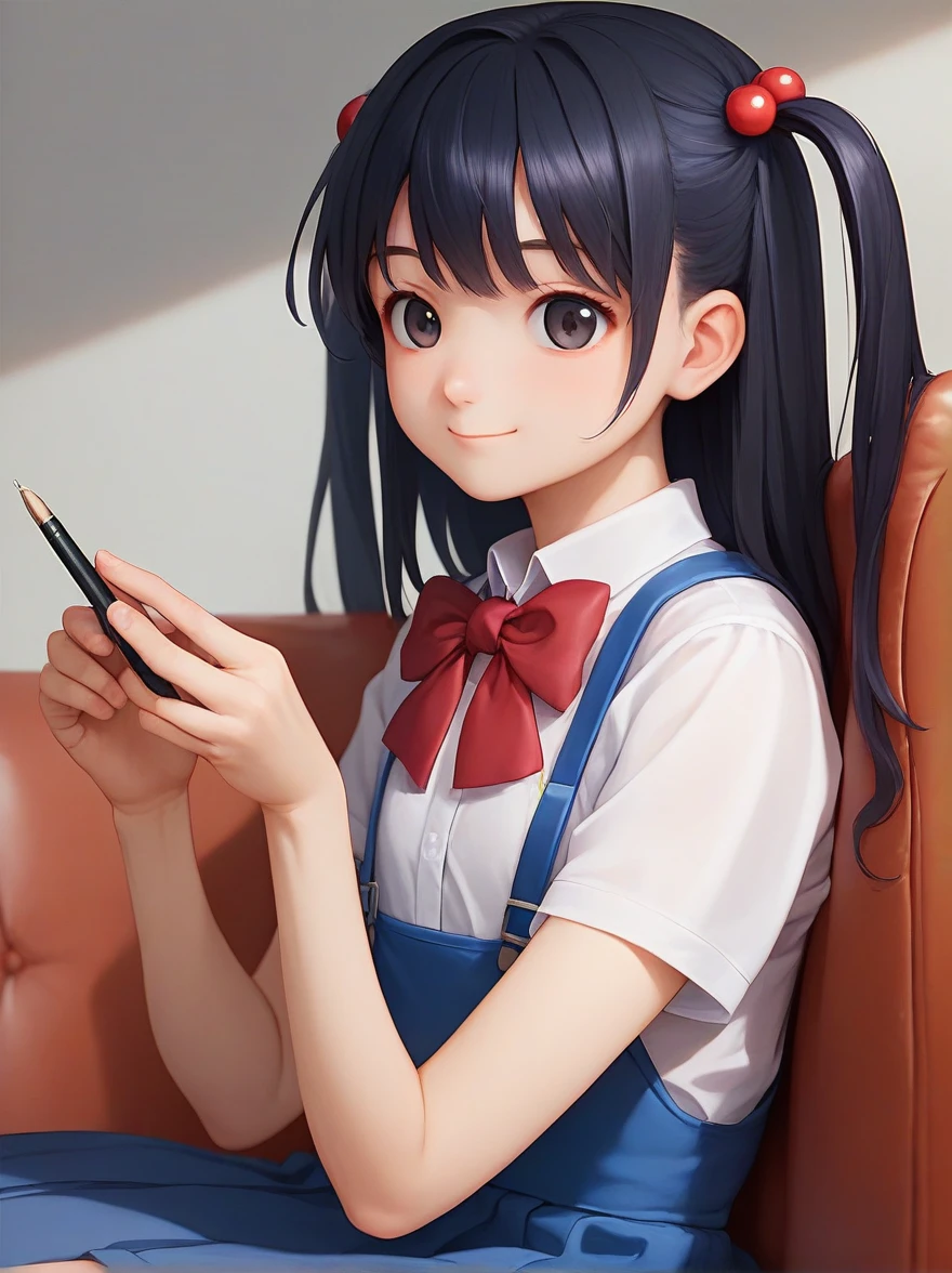  score_9,  score_8,  score_8_up,  score_7_up, Best Quality, masterpiece, sauce_Anime, indoor,  kneel in front of a sofa chair,  TsutsumiKinuka,  1 girl, Alone,  Hair Ornament , Hair Bobble,Long Hair, bangs,  twin tails,  Black Hair ,  BLACK EYES , smile,
Short sleeve,   blue skirt  ,  school uniform that looks like an emotional face,  pleated skirt, bow,  suspendersスカート, red bow, bowtie, red bowtie, Long Hair, bangs,  closed mouth,  collared shirt,  suspenders, Put a pen in your mouth 
