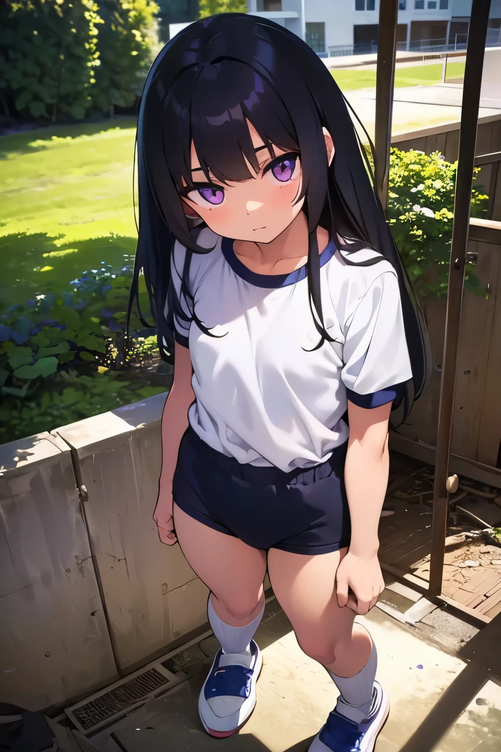 Elementary school student, , toddler, flat chest 　Thin limbs　Black hair, long hair, purple eyes　（（One person）） Upper body gym suit　Navy blue bloomers　White socks　Platform sneakers　Abandoned house　 standing 　 Lower body center 　Upper body close-up　 dynamic angle that kept getting violated　 low angle