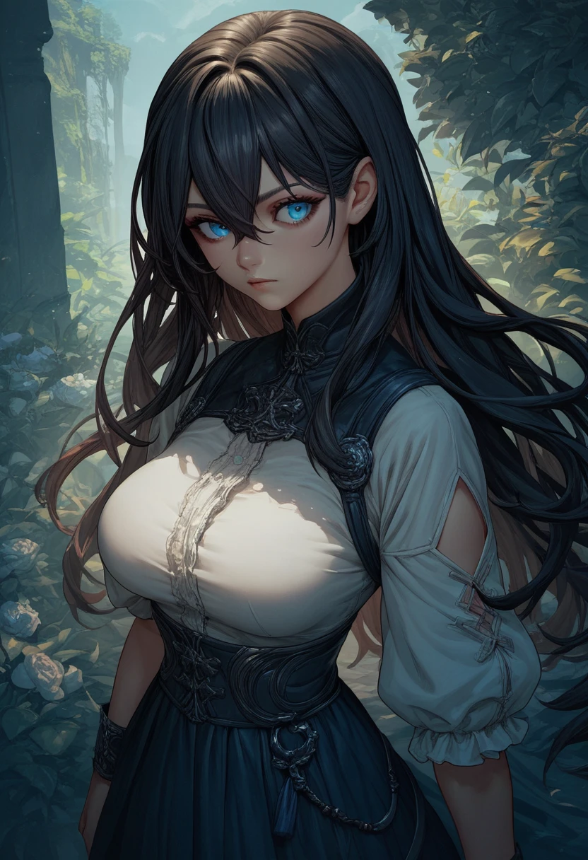 sgswfmk, long hair, brown hair, black hair, bangs, hair between eyes, blue eyes, large breasts,
score_9, score_8_up, score_7_up, source_anime,