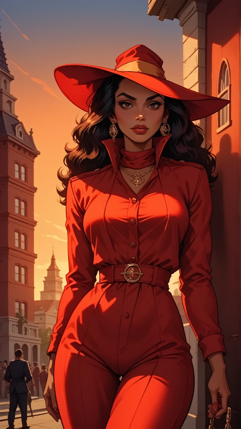 highly detailed, 8k, masterpiece, featuring Carmen Sandiego in red costume, exposed thighs, on top of a building, under the sunset light, very sexy, perfect anatomy, intricate,  Dramatic Lighting , 4K, detailed_Background, caustics, full_Body, 