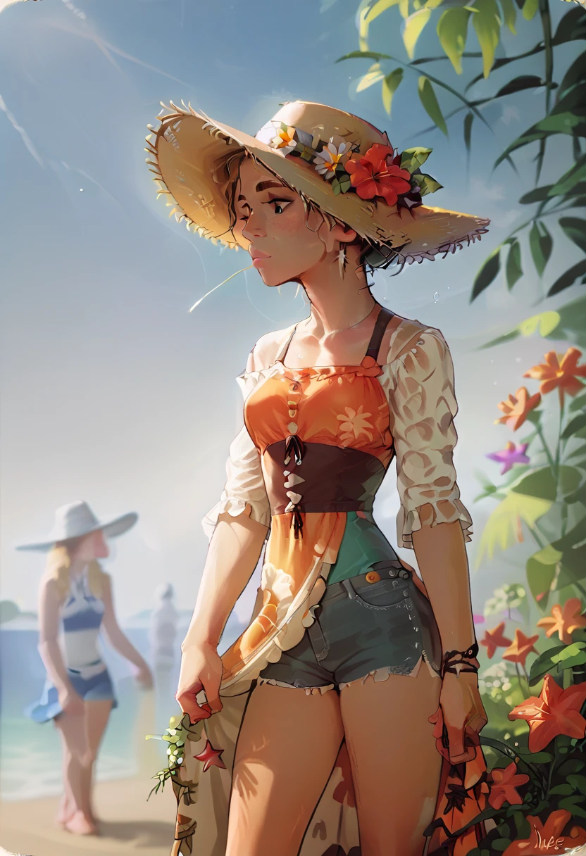 (masterpiece:1.2), (best quality:1.3), shallow_sunset, 1girl, standing, cowboy_shot, straw_hat, swimsuit, dress, shorts, flower, starfish, 