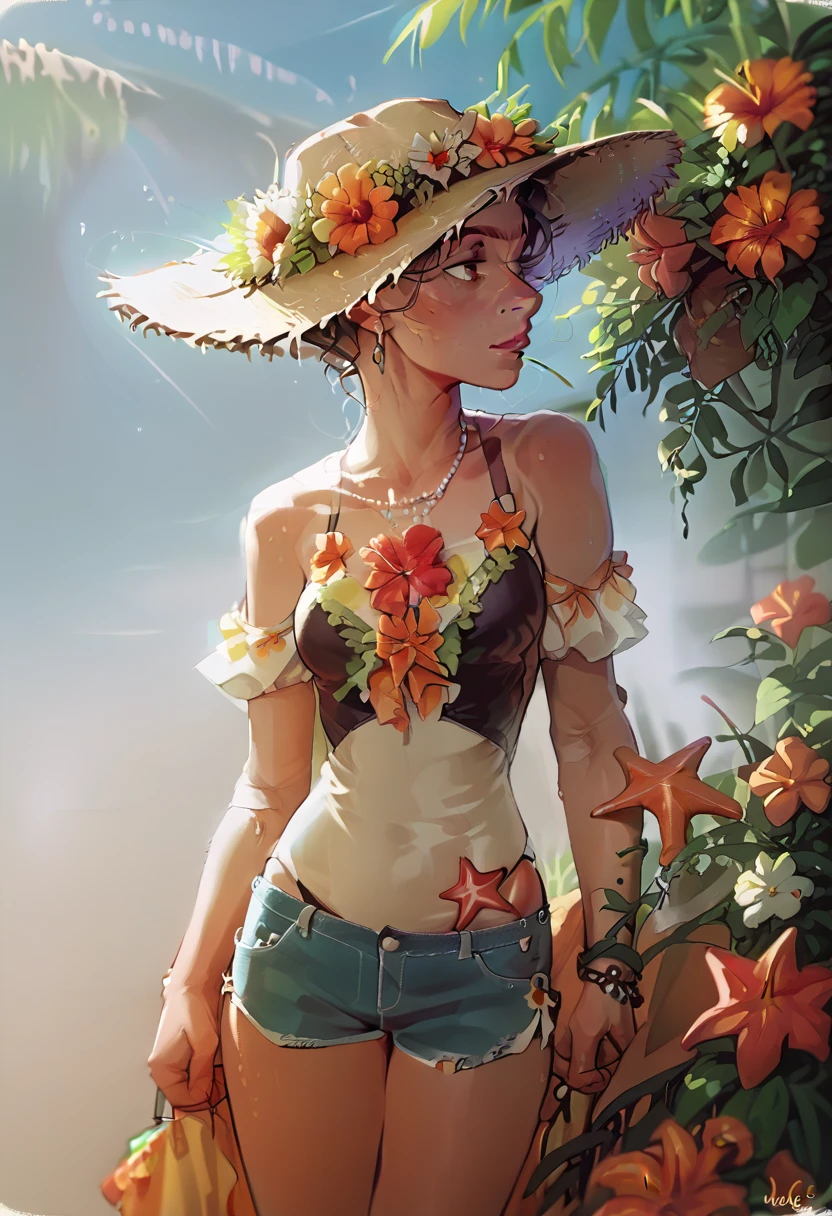 (masterpiece:1.2), (best quality:1.3), shallow_sunset, 1girl, standing, cowboy_shot, straw_hat, swimsuit, dress, shorts, flower, starfish, 