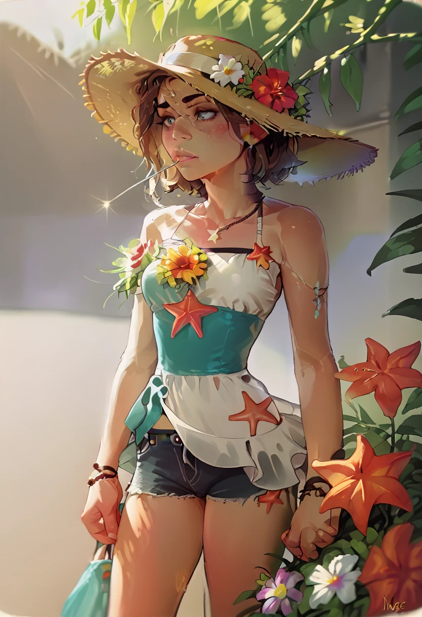 (masterpiece:1.2), (best quality:1.3), shallow_sunset, 1girl, standing, cowboy_shot, straw_hat, swimsuit, dress, shorts, flower, starfish, 