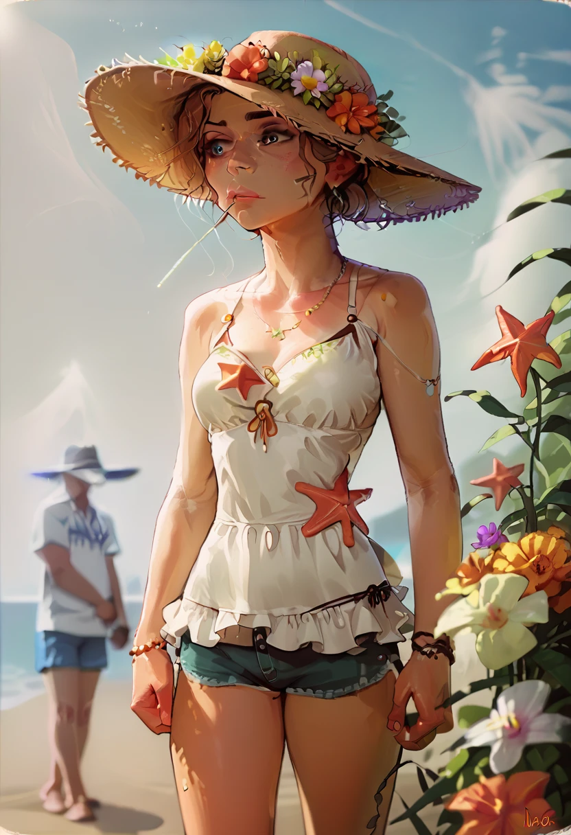 (masterpiece:1.2), (best quality:1.3), shallow_sunset, 1girl, standing, cowboy_shot, straw_hat, swimsuit, dress, shorts, flower, starfish, 