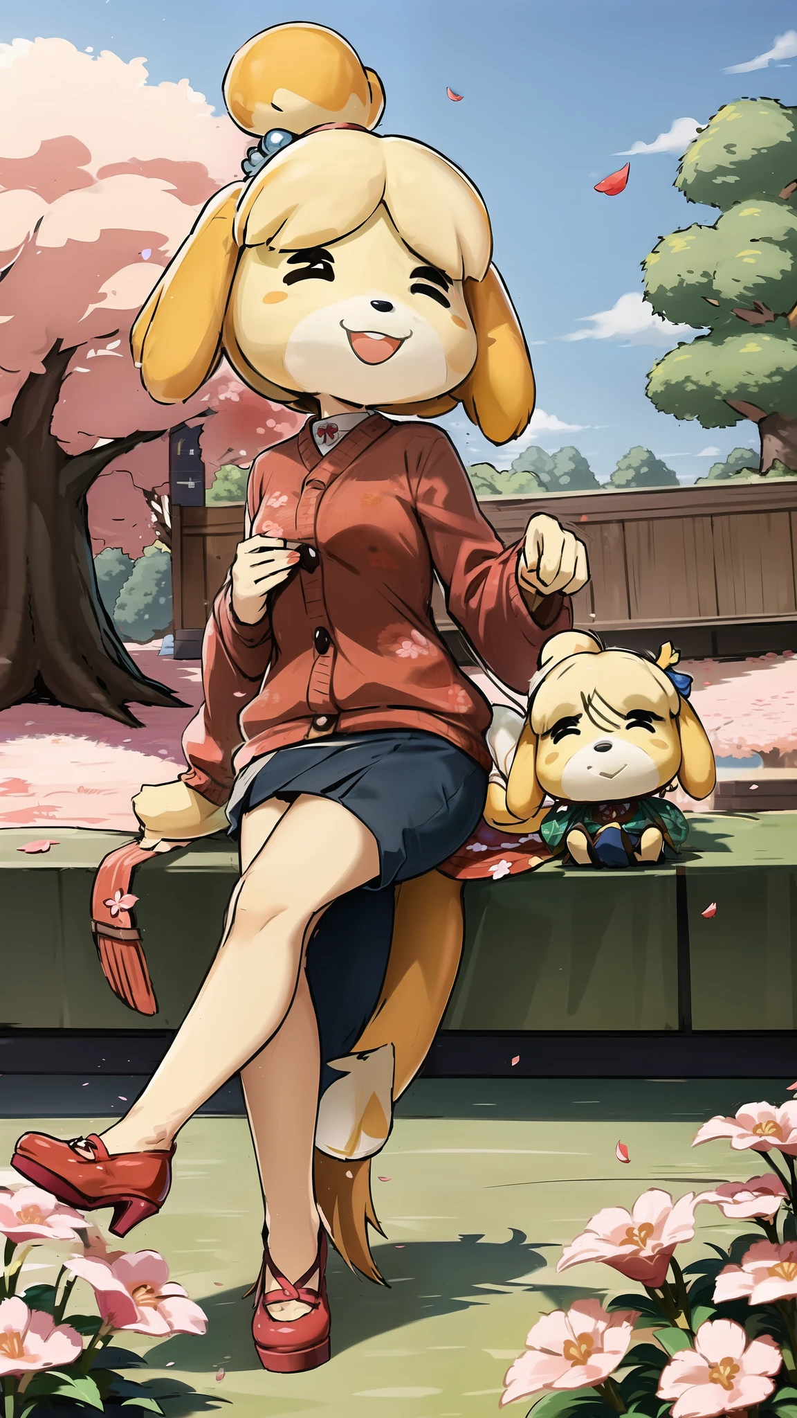 ( Isabelle  \(ANIMAL CROSSING\):1.1), ( masterpiece ,  best quality:1.15),  1 girl at home, solitary,  Small Breasts , Look at the audience,  Chestnut eyes , permanent, Cross your legs,  Even attractive , red killer sweater, Blue trousers, Red high heels，Sky,  Picturesque ,  Pastoral scenery , Outdoor, Cherry blossoms, Tree, Japanese Garden, , petal, falling petal,  Long hair,   French braid , Ahog, affectionate, Small head, Small eyes, Flat nose 