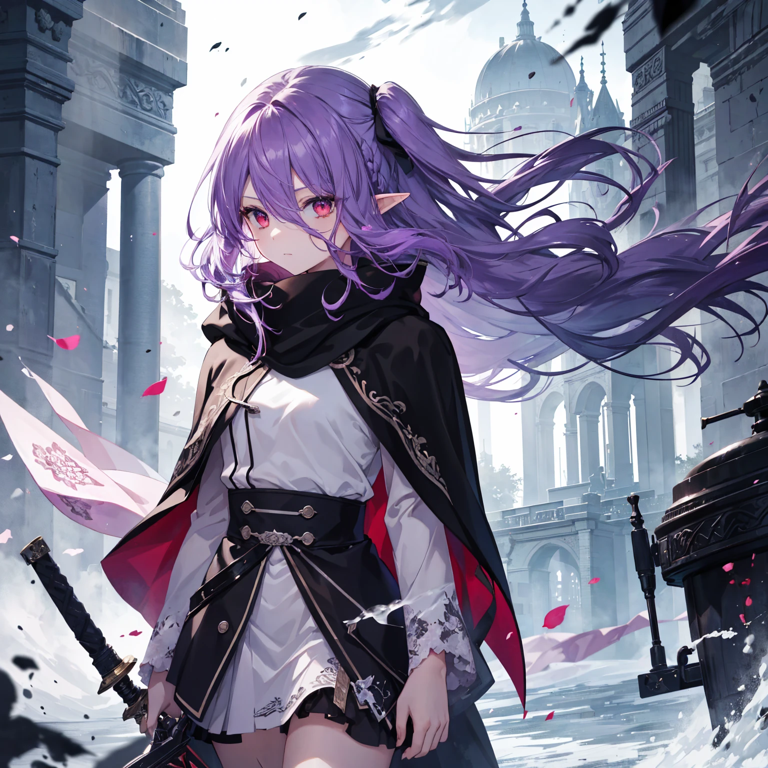     high quality, masterpiece, Delicate hair,  Delicate Eyes , Delicate hair, ((masterpiece, 最    high quality)),     high quality, masterpiece, Delicate hair,  girl  ,( purple hair)),((Red eyes)), Daikon,Long Hair,Elf Ears,( Black Longsword  ),(loose Long Hair),((Black Cape)),(Cape Hood),(Red Stove   ),scarf,Moon in the Sky, knight ,   Floating Purple Flower Autumn ,      Strong Shadow     ,Ash,,ice,((Ink wAsh painting)),((ink splAshing)),((color splAshing)),