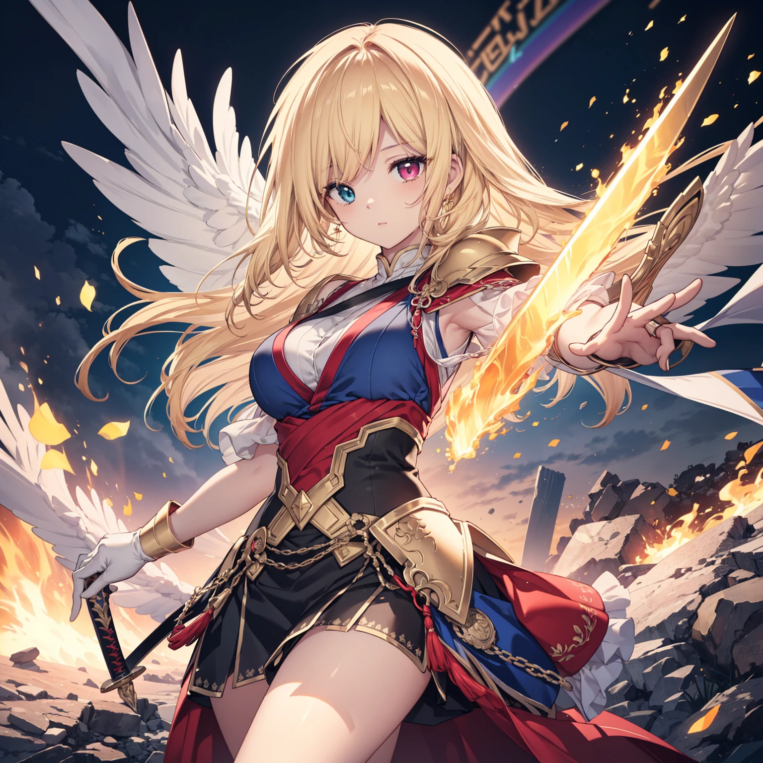      high quality, masterpieceFor delicate hair,    Delicate Eyes   , ((masterpiece最     high quality)),      high quality, masterpieceFor delicate hair,  Women's    Delicate Eyes    ,  ((   Golden Long Hair   )),    Dynamic Battle Scene    , 1 female warrior, ((   blondeに赤いライン  )), ((  Heterochroism   ，Right eye is red，Left eye is blue))   (blonde),     Expression Full of Determination    ,     Lightweight golden armor Dragon Crest   , ((  Big Sword  ))，((Golden Holy Sword  )), (( Seven rainbow-colored swords dance around her))，     Running through a battlefield engulfed in fire    ,     Magical Aura Surrounding Her    ,  motion blur,      dramatic lighting    ,  Detailed Biography    , 高コントラスト     dramatic lighting    ,     dynamic pose   , 4K, Realistic, （（（masterpiece）））， （（（最  high qualityを最高に）））），((((masterpiece最     high quality,       ultra high resolution  ))))