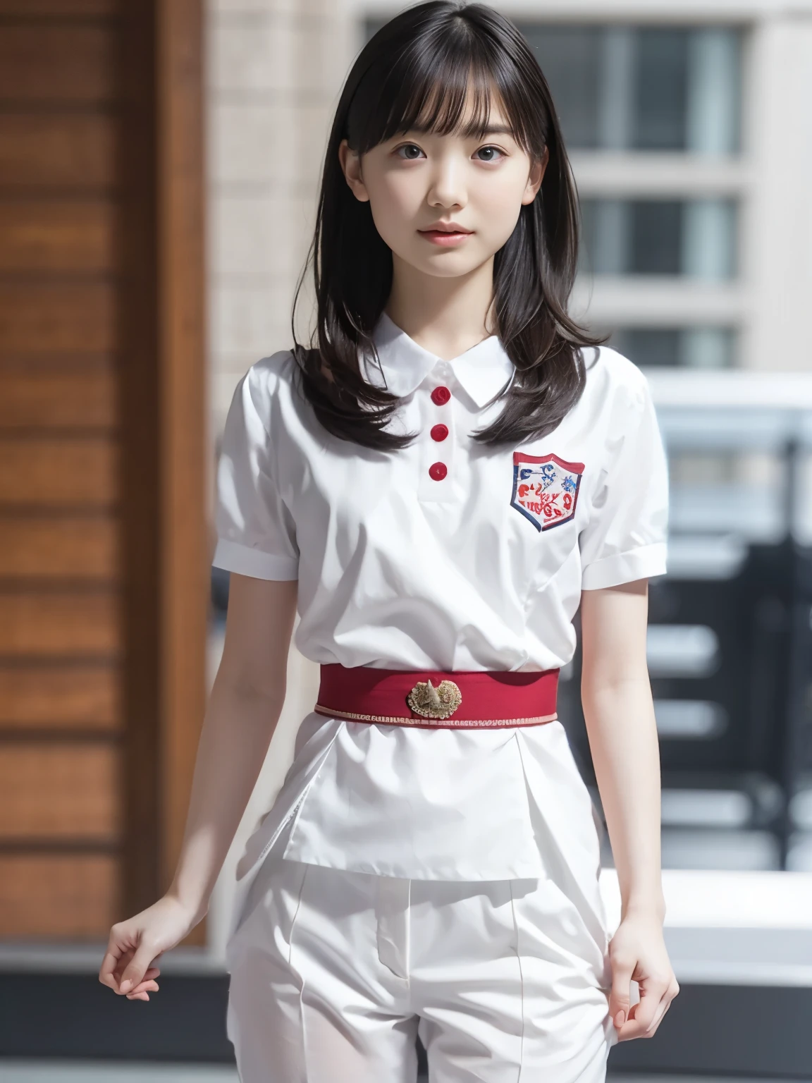 Fashion photography of children, school uniform skirt, strong sense of design, medium shot, 8-year-old girl, Chinese little girl, long hair, hair accessories, delicate skin, happy laughing, simple background, high texture, glare backlight, photography Shed Professional Lighting