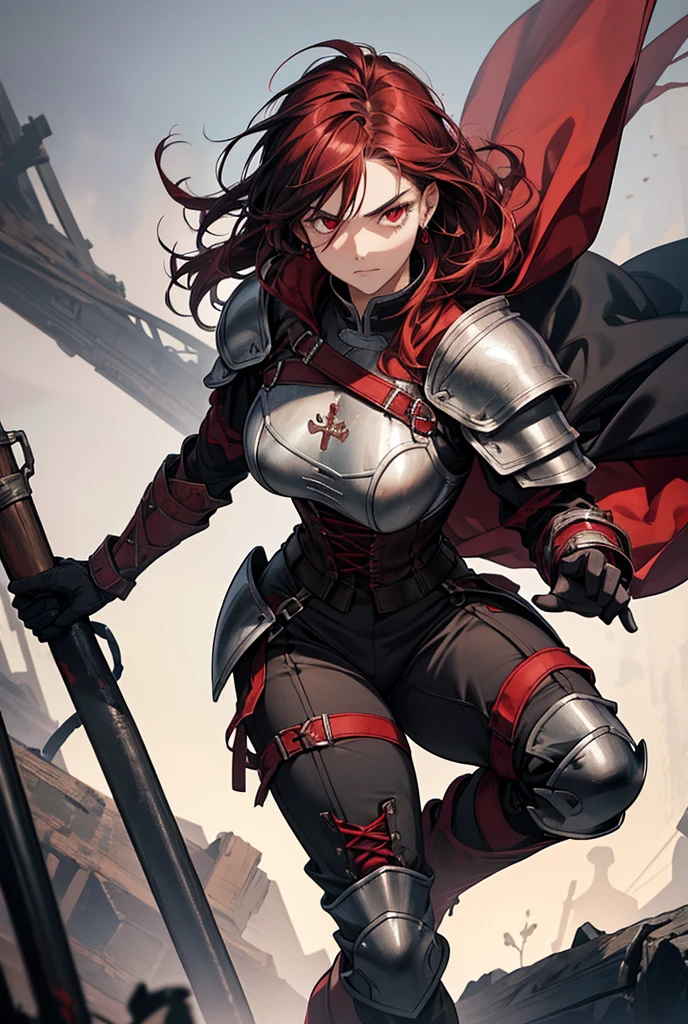 A girl, Streaked Hair (Black and Red), gloves, Women Medieval Vintage High-Waisted Lace-up Leggings Five Pants, Armour,  shoulder pads, Black (outside) and Red (inside) cloak, boots, red eyes, cold stare, medium breast (covered by armour), cross earring (left).