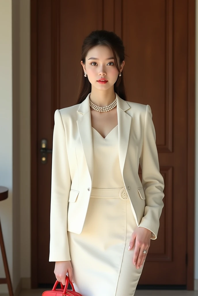 (((MasterPiece))), ((photography)), realistic, 8k, an image of a young woman with a sophisticated and elegant look. She is wearing a fitted white cream dress, complemented by a matching light jacket draped over her shoulders and a long pearl necklace. She holds a bright red handbag as a striking accent to her outfit. The background is simple, featuring a wooden door and minimal decorations, evoking a classic, refined ambiance.
