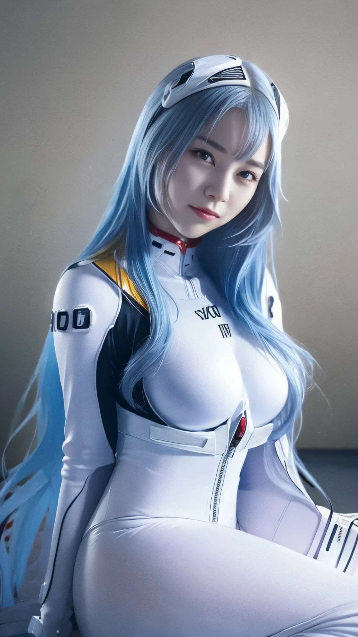 (masterpiece, masterpiece, 8k, super detail ), ( Professional Lighting ), Pale skin, 透き通るようなbeautifulきめの細かい肌, Round face,like々Funny face, waist-length hair , Light blue hair, red eyes, Her hands are perfectly represented down to the smallest detail , (Big Breasts), white bodysuit , White Long Boots , Exquisite design, Beautifully Finished in Every Detail , Anatomically Perfect and Unrivaled Beauty , headgear , ( photorealistic :1.4), Japanese, (beautiful:1.1), ( one woman:1.5), A lonely smile, classroom, (Random Shyness Poses ),