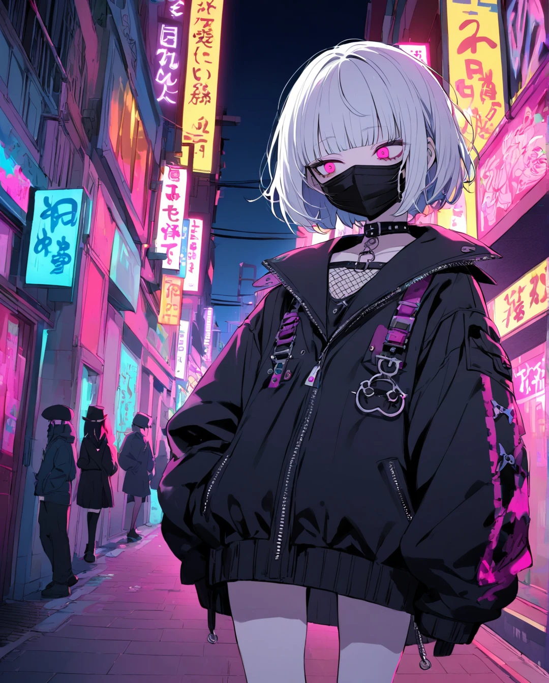 1boy.solo,disguising oneself as a woman perfect anatomy ,expressionless,looking away,Forehead,Blunt bangs,Eyebrows are visible,goth punk fashion,Walking in Harajuku,(during night),Neon light,masks,Mouth mask,side locks,white hair,short hair,messy hair,mesugaki,skin fang,red eyes,half-closed eyes,(crazy eyes),flat chest,bright colors, 8 k, complex details, maximum quality, Dull dark graffiti outline,beautiful skin,neme:kotarou