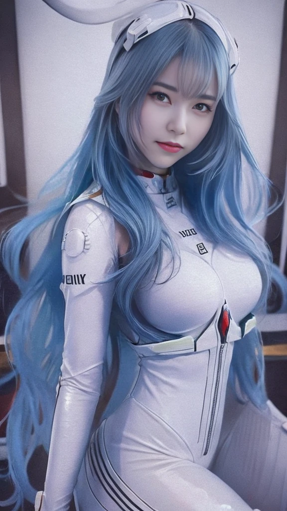 (masterpiece,  masterpiece, 8k,    super detail ), ( Professional Lighting ), Pale skin, 透き通るようなbeautifulきめの細かい肌, Round face,like々Funny face,   waist-length hair  , Light blue hair,  red eyes,    Her hands are perfectly represented down to the smallest detail , (Big Breasts),   white bodysuit  ,   White Long Boots  , Exquisite design,  Beautifully Finished in Every Detail  ,    Anatomically Perfect and Unrivaled Beauty   ,    headgear  , (  photorealistic :1.4),  Japanese, (beautiful:1.1), ( one woman:1.5), A lonely smile, classroom, (Random Shyness Poses   ), 