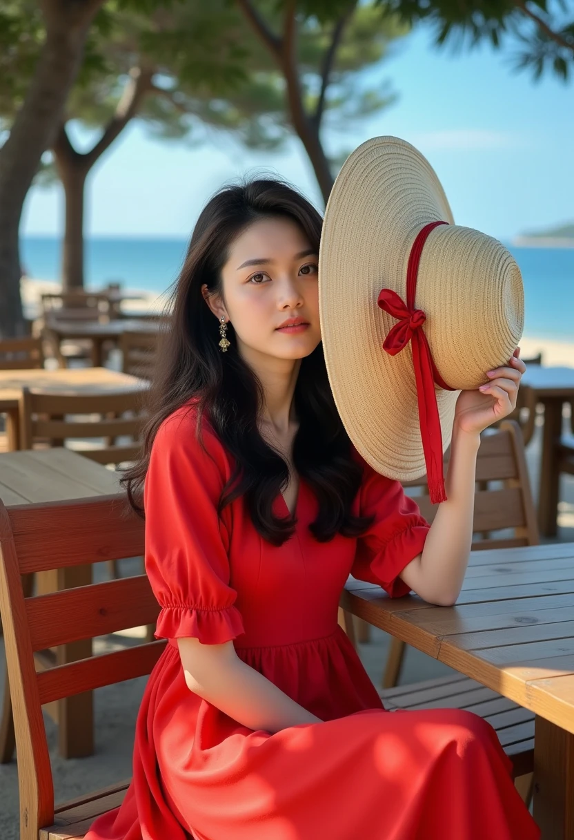 ((masterpiece)), (Photography), (realistic), ultra detailed, 8K, young woman with long black wavy hair, wearing a vibrant red dress, sitting outdoors under the shade of trees. She is holding a large straw hat with a ribbon tied in a bow, partially covering her face, creating a soft and mysterious look. The background features wooden tables and chairs, and the scene is bathed in natural light with a blue sky and tree branches overhead. The atmosphere is calm, with a gentle and serene mood, captured in a dreamy, soft-focus style.”