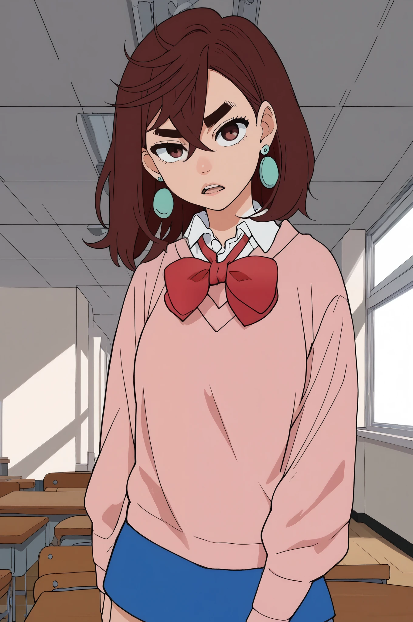 score_9, score_8_up, score_7_up, anime screencap, source_anime, 1girl, solo,
KJOmomo, brown hair, dark eyes, medium hair, hair between eyes, thick eyebrows, earrings, 
white collared shirt, oversized pink pullover, long sleeves, red bow, blue short skirt, untucked shirt, 
arm at side, serious, from side, looking at viewer, open mouth, 
classroom, daytime,
(Beautiful, medium Breasts:1.2),