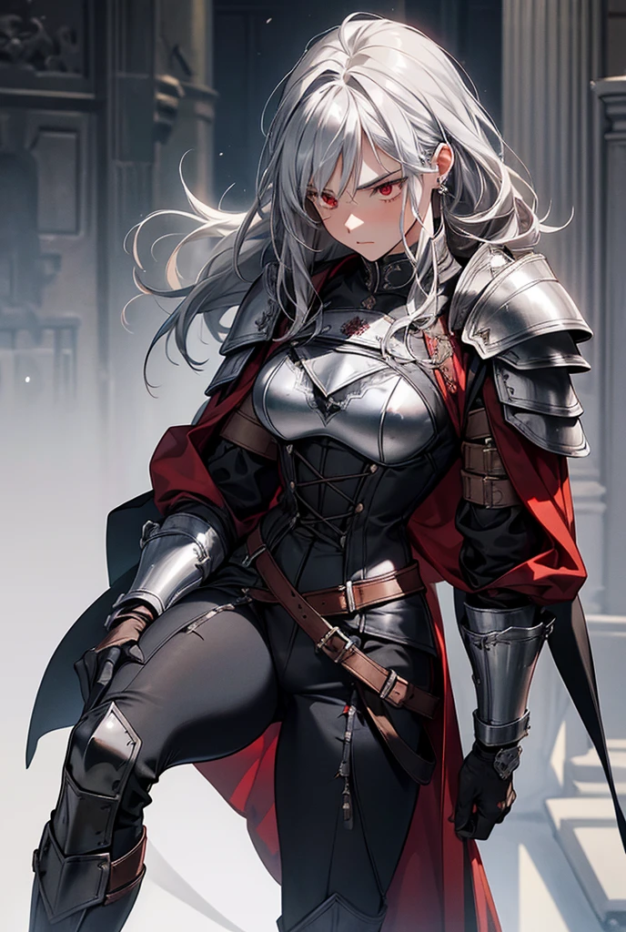 A girl, Streaked Hair (Black and silver), gloves, Women Medieval Vintage High-Waisted Lace-up Leggings Five Pants, Armour,  shoulder pads, Black (outside) and Red (inside) cloak, boots, red eyes, cold stare, medium breast (covered by armour), cross earring (left).