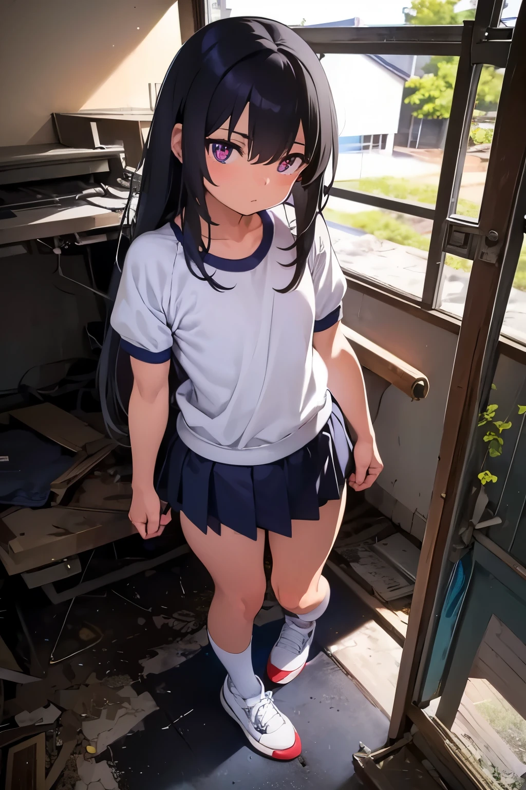 Elementary school student, , toddler, flat chest 　Thin limbs　Black hair, long hair, purple eyes　（（One person）） Upper body gym suit　Navy blue bloomers　White socks　Platform sneakers　Abandoned house　 standing 　 Lower body center 　Lower body close-up　 dynamic angle that kept getting violated　 low angle