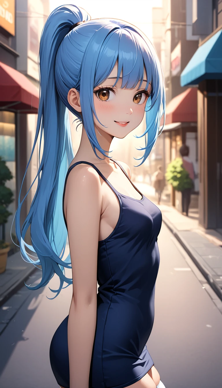 ((masterpiece,Best Quality:1.3,best quality illustrations)),portrait,cowboy shot,1woman,adult,(ponytail),straight long hair,light_blue hair,(very small head:1.2),bangs,gorgeous eyes,brown eyes,,smile,blush,(very long body),small breasts,(dark blue Tank mini dress,white_thighhighs),slender body,toned body,shiny skin,on street,neon、Shinjuku、Tokyo、