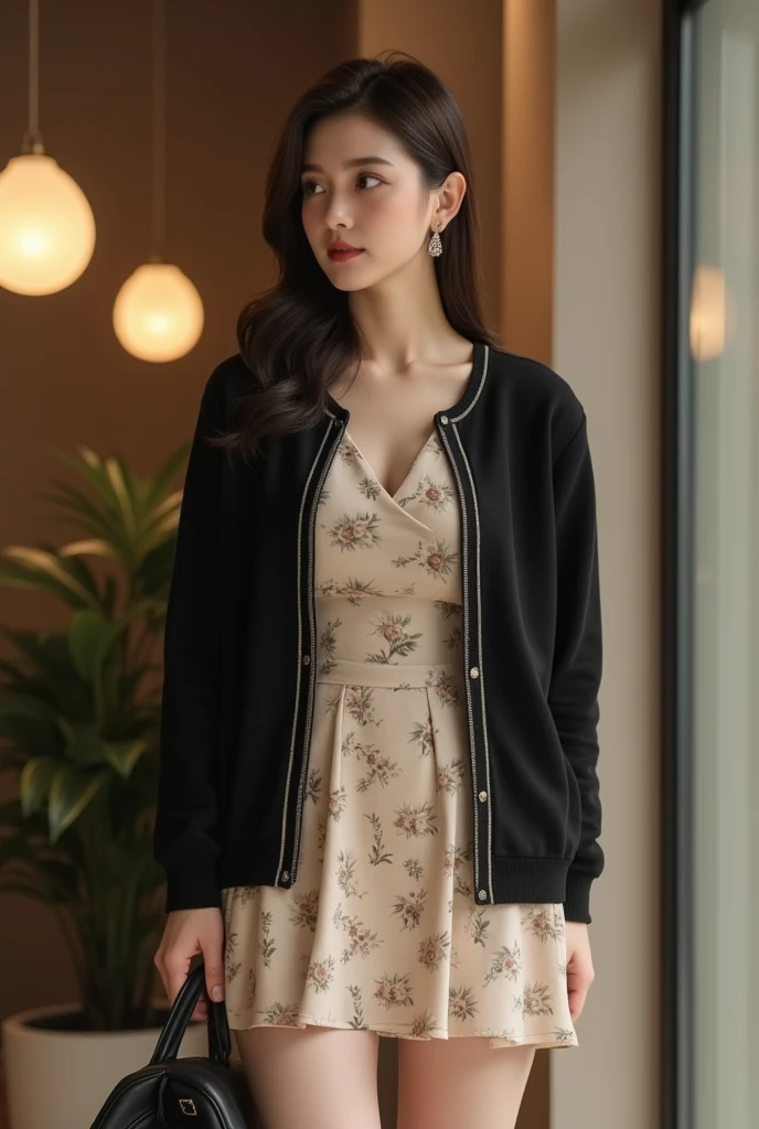 (((Masterpiece))), ((photography)), realistic, 8k, an image of an elegant young woman standing in a modern, softly lit indoor setting. She wears a short, beige floral-patterned dress paired with a black cardigan with white trim. She holds a black handbag and looks away from the camera, with a calm expression. The background features subtle, blurred lights that add a sophisticated ambiance.