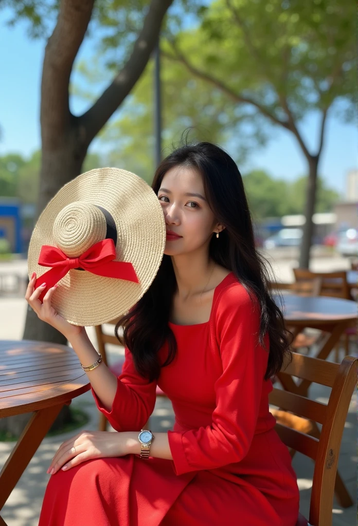 ((masterpiece)), (Photography), (realistic), ultra detailed, 8K, young woman with long black wavy hair, wearing a vibrant red dress, sitting outdoors under the shade of trees. She is holding a large straw hat with a ribbon tied in a bow, partially covering her face, creating a soft and mysterious look. The background features wooden tables and chairs, and the scene is bathed in natural light with a blue sky and tree branches overhead. The atmosphere is calm, with a gentle and serene mood, captured in a dreamy, soft-focus style.”