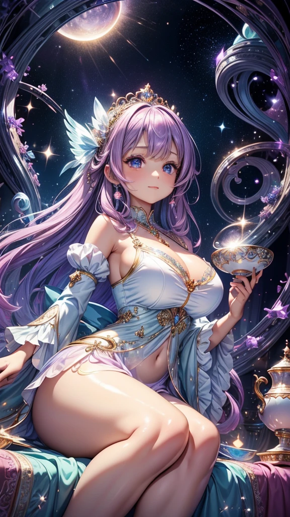 Imagine a whimsical scene where a young girl sits meditatively inside a beautiful Meissen teacup filled with swirling latte. This captivating teacup is encased in a radiant crystal, showcasing its delicate design. The background features a cosmic landscape with swirling clouds, sparkling stars, and a crescent moon. The vibrant colors of blues, purples, and pastels create a magical atmosphere. The girl’s flowing attire and hair complement the ethereal surroundings, enhancing the enchanting essence of the scene captured within the shimmering crystal.