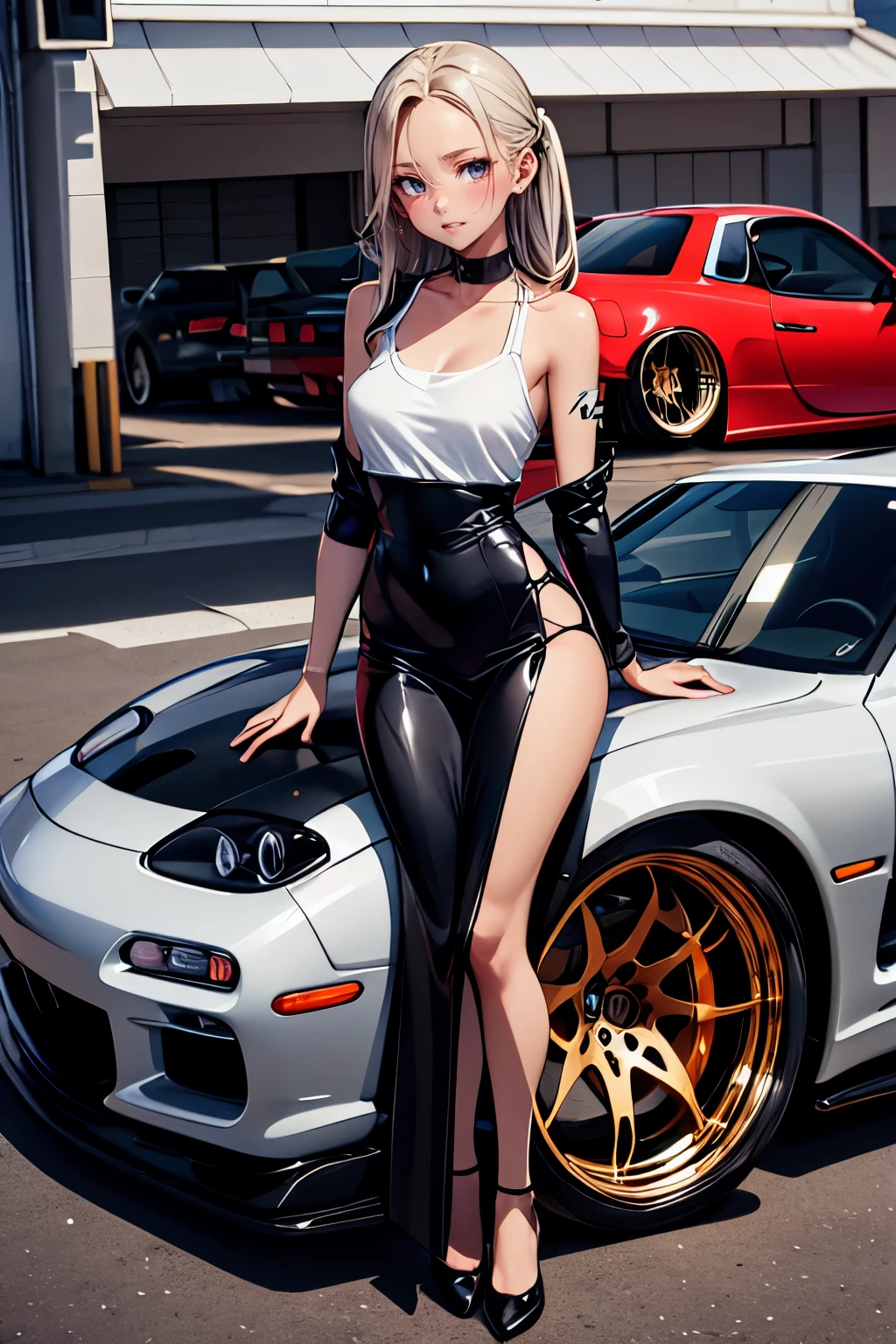 Pretty girl next to a tuned RX7 , Widebody kit , Deep rim wheel ,Custom car  ,, high definition,  High Details, とても小さな胸 