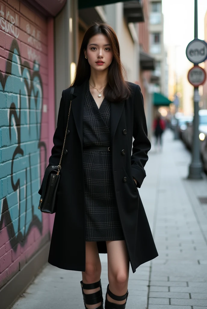 (((MasterPiece))), ((photography)), realistic, 8k, A stylish young woman standing on a sidewalk beside a graffiti-covered wall. She is wearing a dark plaid dress and a long black coat, exuding a confident and fashionable look. A black bag hangs from her shoulder, and she gazes forward with a calm, composed expression. Behind her is a street sign with 'End' and Chinese characters, adding an urban city vibe to the scene.