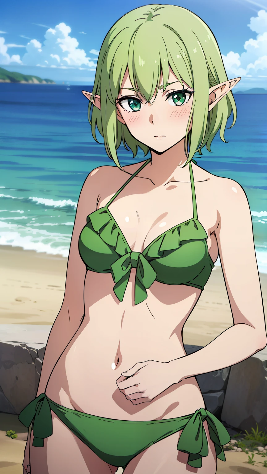 (masterpiece, best quality, high resolution, 8k:1.2), (anime coloring:1.2), highly detailed, beautiful eyes, perfect eyes, fine eyes, green eyes, featuring big highlights, detailed face, highly detailed, fine eyes, symmetrical eyes, one girl, alone, (mature face:1.4), elf ears, light green hair, short hair, (medium breast), slim body, nffsw, (green bikini, frills, beach, blushing), looking at the viewer, in the center of the image, (cowboy shot:1.2), dutch angle,