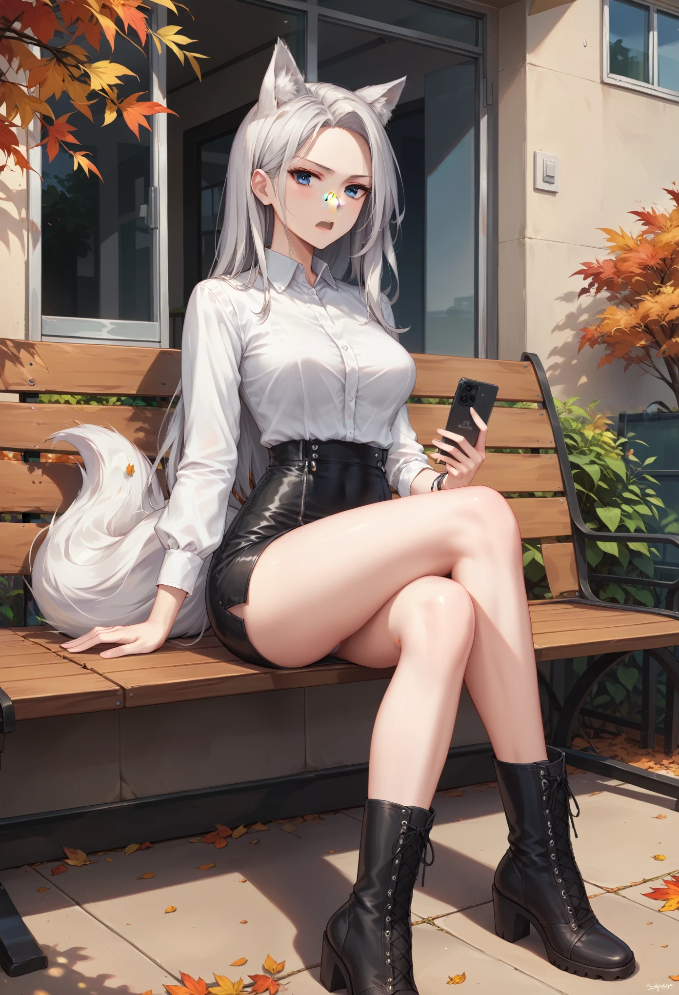 (masterpiece, best quality), (score_9,score_8_up,score_7_up), (highly-detailed), 1girl, 18 years old, (silver-blue eyes), silver long hair, (big silver white arctic fox ears), (silver white arctic fox tail), medium breasts, white blouse, black leather skirt, thighs, legs, oxford grey boots, (pale skin), (entitled, annoyed, sassy, dismissive), mouth open, talking, holding white phone, sitting, outdoors, autumn, countryside, hazy day,