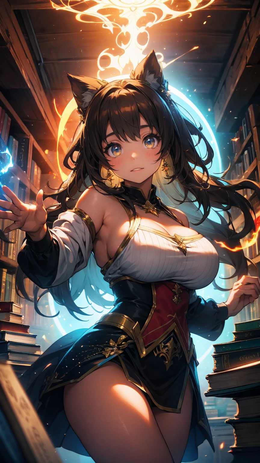 a beautiful young girl with large breasts, surrounded by books in a dimly lit basement, magical glowing flames dancing around her, cinematic composition, highest quality, unreal resolution