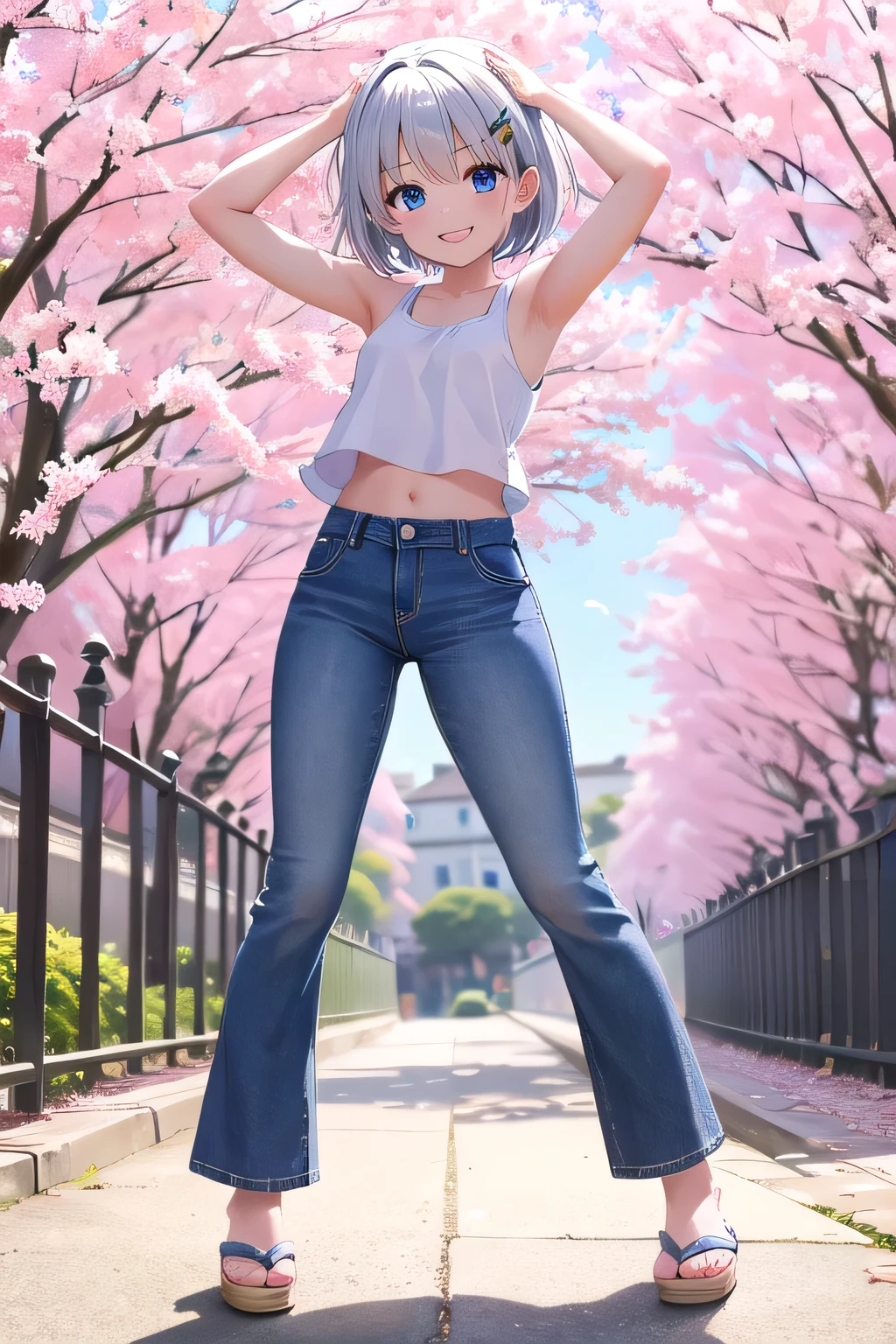 masterpiece,best quality,ultra detail,1girl, 20yo,petite,smile happy, sakura garden, shining, sunny, cloud, short hair, blue eyes, silver hair, hair ornament, ribbon hair ornament, Raise your arms and behind your head,White teeth, white tank tops, white crop tops jeans pants, (flares jeans 1:1), blue jeans, Slippers, (((full body))), legs full stretched out,