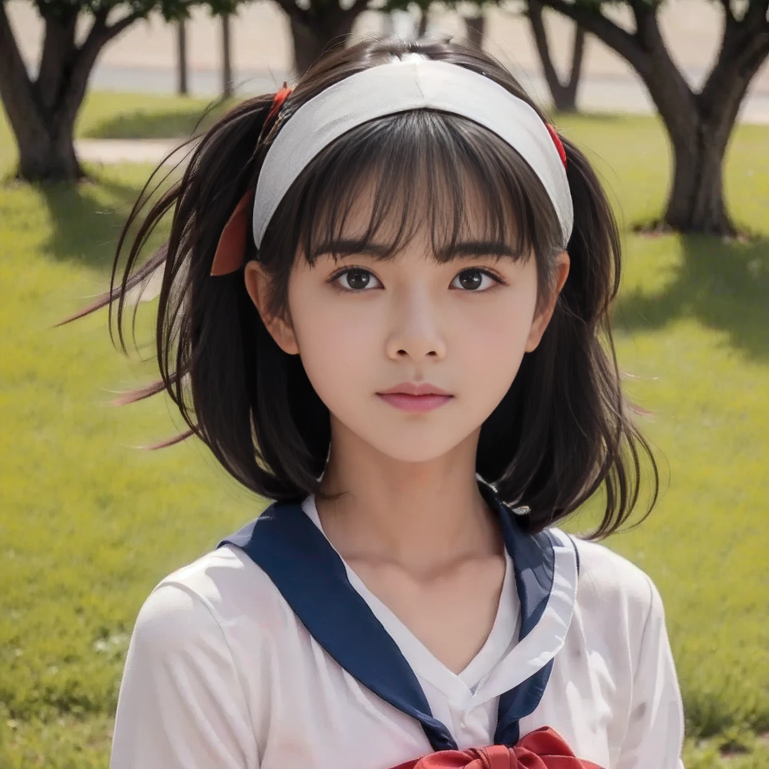  Japanese Women、girl、Red scarf、 navy blue sailor suit、 white 3-line sailor suit、Short sailor suit、 short pleated skirt with cross arms、 navy blue skirt、white 3-line skirt 、 cute、With bangs、 twin tails、 white headband 、 cute顔、Beautiful Face、Period pain face、Satisfied face、The eyes are double、Big eyes、Eyes are drooping、Drooping eye corners、Long eyelashes、Eyelashes are bristly、Open your mouth、 Very Angry 、