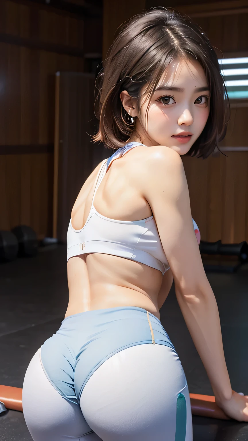 (((Best Quality))), ((masterpiece)), ( Details), ((Alone)), ((((((gym trainer girl)))))),((( toned buttocks ,Beautiful round ass,Slender body:1.4))),(( cameltoe at the lecture,Camel hoof)), (( glowing skin, white skin)), Mysterious Light, (((( an angle that captures the face and whole body )))), ((( well-groomed face))), ((Big Eyes)), ((((((Droopy eyes)))))), (( at random angles )), (((( accurate anatomy )))), perfect makeup , eyeshadow, earrings for a woman alone, necklace , angle from back,forward bend posture,(Leaning forward:1.2),leaning forward
hands on own knees,