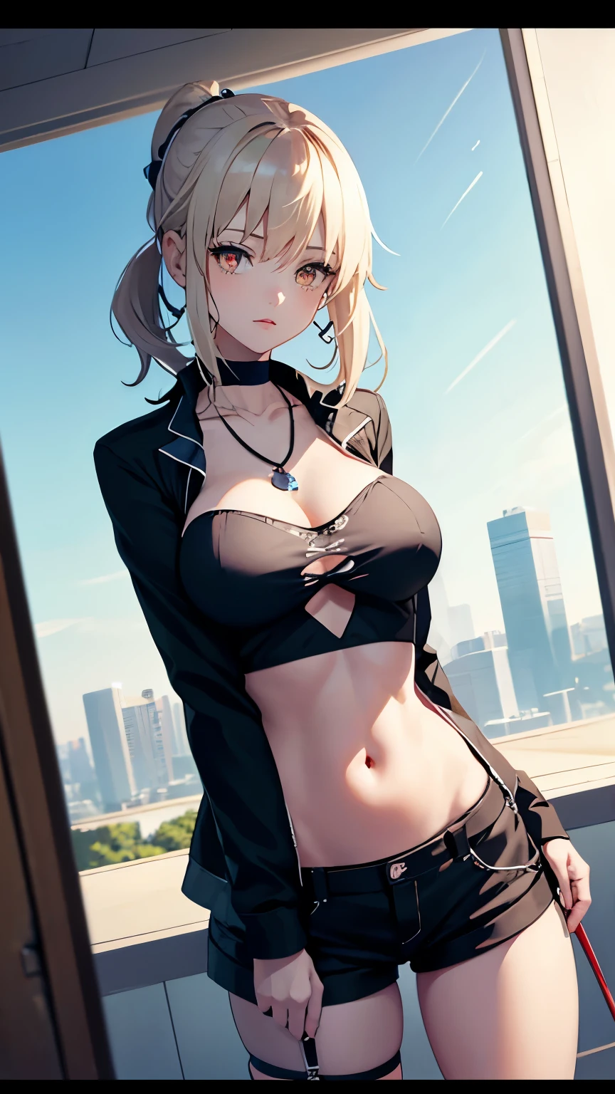  1 girl, red eyes, breast, large breast,  shorts, Crop top outfit, shot_jacket  ,  Thigh Straps , (Super detailed)), ((Illustration)), ((Bedhead)), (beautiful Detailed eyes), beautiful, wonderful, Detailed eyes, (((masterpiece))), (Realistic:0.5), Best Quality, woman, seductive  anime girl , breast and nsfw, beautiful alluring anime woman, beautiful alluring anime teen, ( anime girl ), with a large breast, [  4K DIGITAL ART ]!!, attractive  anime girl , beautiful  anime girl , ,  anime girl ,  anime girl s,  Fleet Collection Style , masterpiece, nsfw, Best Quality, masterpiece, Best Quality,Official Art, highly detailed CG Unity 8K Wallpaper,   facing the camera {x} her hair is sliding back in military uniform ,  earrings for a woman alone,  necklace , Freckles,  , Bokeh Background, anime girl , close-up,