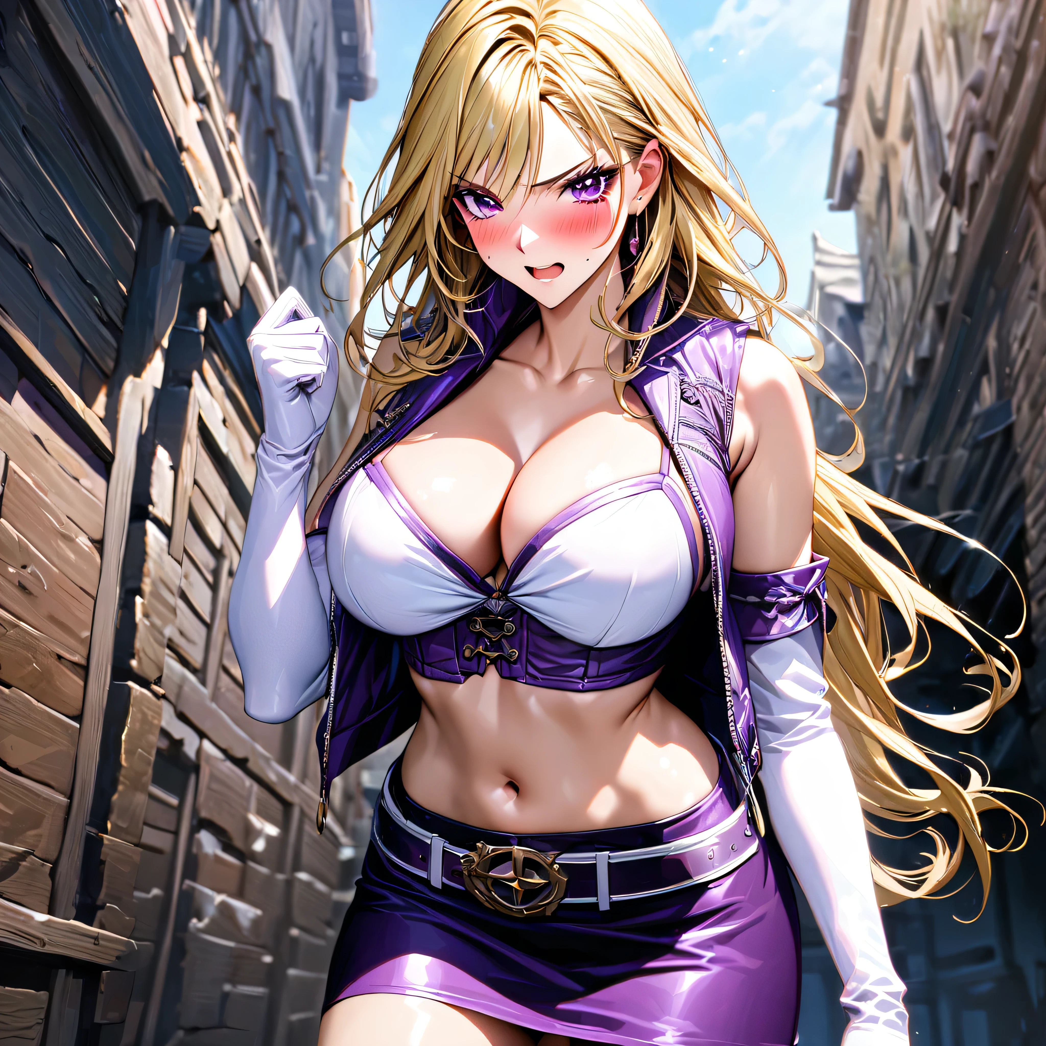 (yu-gi-oh!\kujaku mai\), blonde hair, purple eyes, breasts, blush, purple skirt,tight skirt, miniskirt, long hair, large breasts, elbow gloves, white gloves, navel, cleavage, detached sleeves, midriff, belt, vest, crop top, bustier,multicolored hair,(embarrassed expression),detailed skin ,8k,beautiful,best quality,detailed,exquisite,extremely detailedfinely detailed,high quality,insanely detailed,masterpiece,ultra detailed,ultra highres,ultra quality,big breasts,