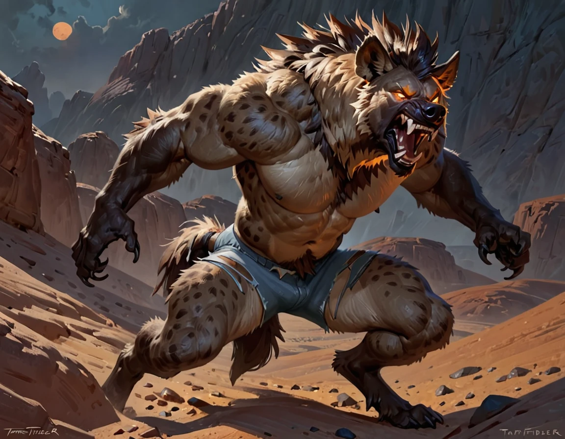 Anthro male hyena, werebeast, by taran fiddler, torn shorts, growling, night rocky desert, glowing eyes, 