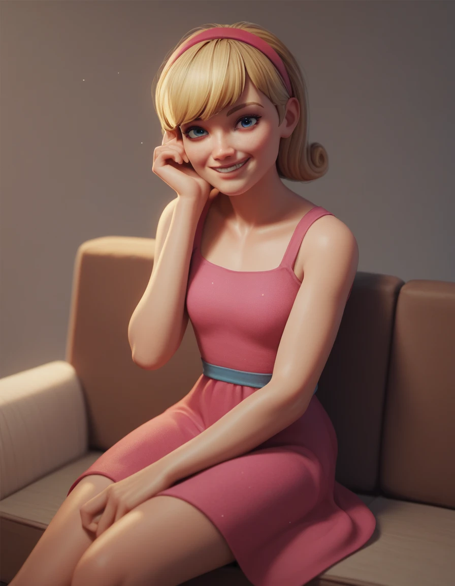 Penny peterson, Blonde hair, blue eyes, hair band, short pink dress, sitting, HEAD ON,  looking at the viewer , smile, two