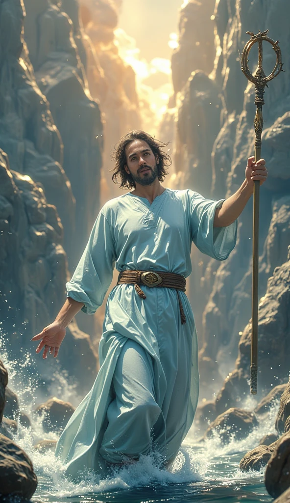 (masterpiece:1.2,Outstanding quality,Mirronish,Cinematic Experience, photorealistic:2.0,Realistic:2.0,Super detailed),8k,wallpaper, - Moses Parting the Red Sea: An awe-inspiring scene of Moses with his staff raised, the Red Sea towering on either side, with the Israelites crossing.