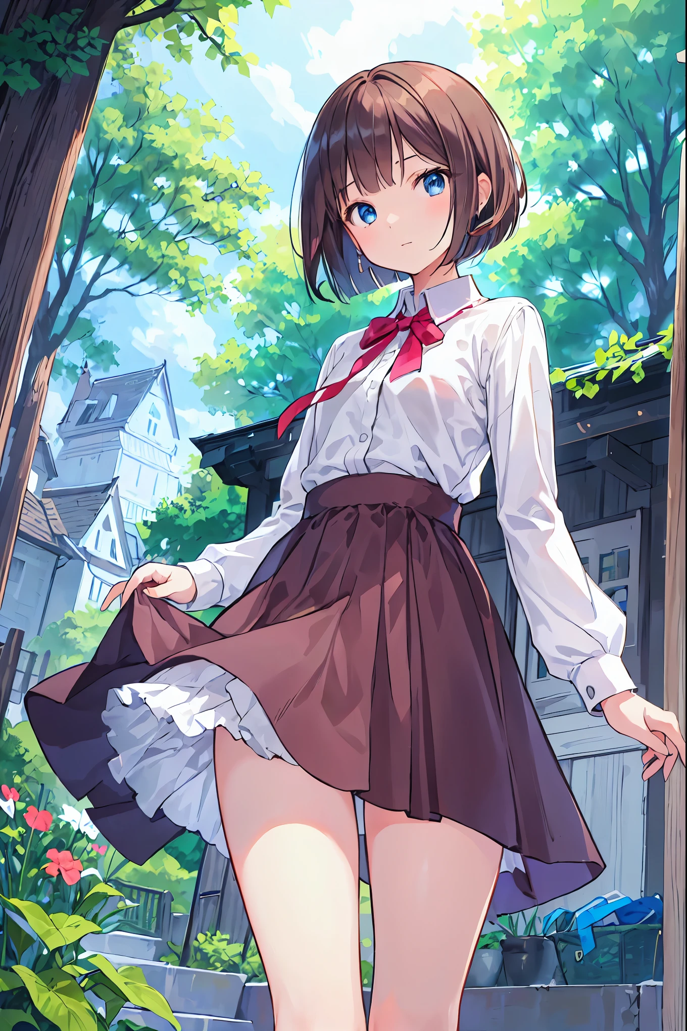 (Best Quality), ( very detailed), ( best illustration), (masterpiece), (woman),  high-contrast , (Small breasts), {Brown Hair, ( bob cut :1.3),  curly hair ,  hair between eyes , Internal hair color}, {(fine grain),  blue eyes }, ,  earrings for a woman alone, wind,Brown Hair， shortcuts， Unkempt Hair ，Short braided hair，Neat，Slender beauty，Correct posture，Small chest，Beautiful legs， enchanting gray-blue eyes shine like stars，Droopy eyes， bright color, beautiful eyes,A delicate smile,Textured Skin, best quality ,優しくて美しいwoman,アニメwind､