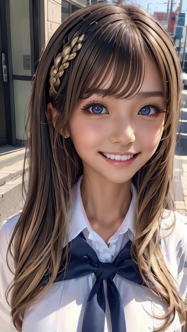 one girl, (((smile)))、School Swimsuit、Beautiful breasts、 Brown eyes, ((Gal Hairstyles)) blonde, girl, (Eye and facial details:1.0), break, (masterpiece, Highest quality, Very detailed, Detailed face, 8k)