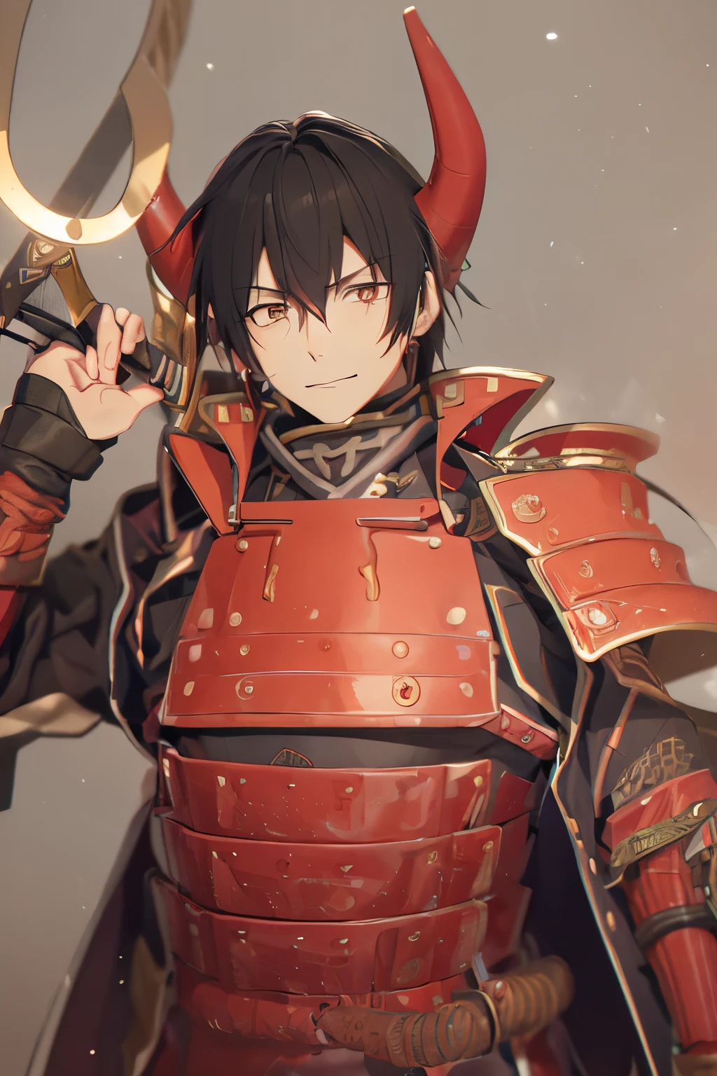 score_9,score_8_up,score_7_up,source_anime,samurai,short red black hair,open mouth,polearm,***ung man, fearless smile, Helmet with large devil horns, helmet with a large white fur, rugged physique, red armor with battle coat, holding a large spear,