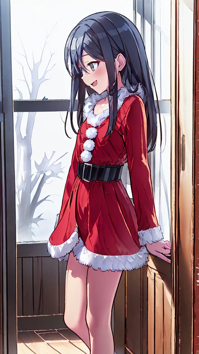 masterpiece, Best Quality,  high definition,  very detailed,(((Yozaki Kanade))), (((sntdrs))), ((( red Santa dress))), (((fur belt ))), ((( is standing in the distance))), (((Positive。))), (((indoor))), (((night))), ((( is laughing。))), (((window))), ((( flooring )))