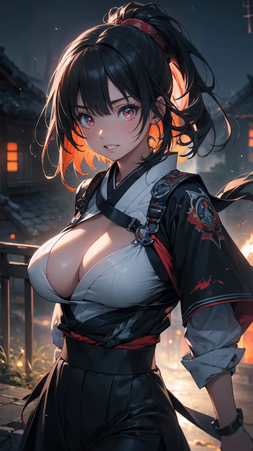 a girl with exaggeratedly large breasts, unnatural facial features like jagged teeth, dancing flames and an ominous atmosphere, in the style of a Japanese anime, high quality horror movie, best quality, 4k, 8k, highres, masterpiece, ultra-detailed, realistic, photorealistic, photo-realistic, HDR, UHD, studio lighting, ultra-fine painting, sharp focus, physically-based rendering, extreme detail description, professional, vivid colors, bokeh