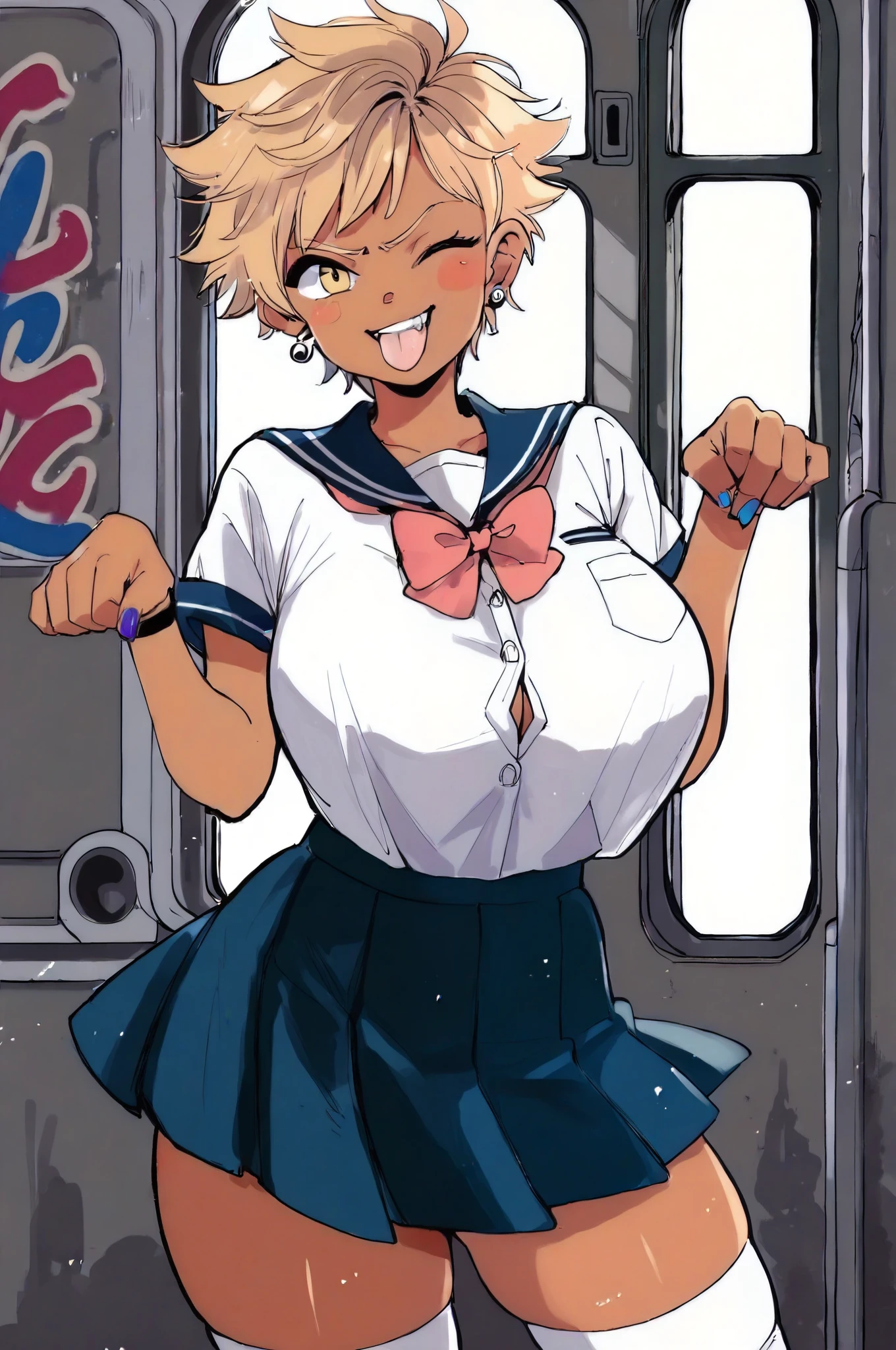 score_9, score_8_up, score_7_up, 1girl, 1girl, dark skin, yellow eyes, curvy, huge breasts, wide hips, tomboy, gyaru, cute pose, angry, looking at viewer, simple white background, dynamic pose, cowboy shot, white socks, school uniform, lay on subway, graffiti, urban city, sexually suggestive, sexy, one closed eyes, tongue out, white socks, squeezing thighs,
 PaulinaapcXLP